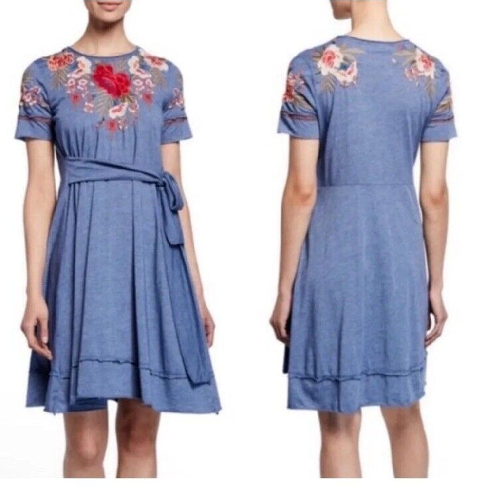 Johnny Was Burke Knit T-Shirt Dress Boho Floral Embroidered Medium Festival $250